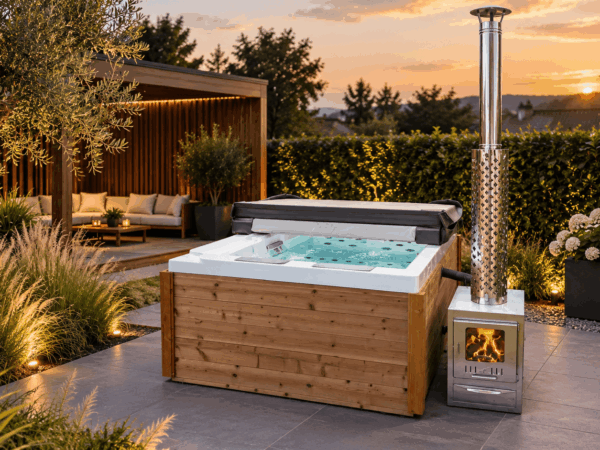Spavio Hot Tub Cube 4 – Aktionsmodell mit Außenofen & Thermoholz | Made in Germany