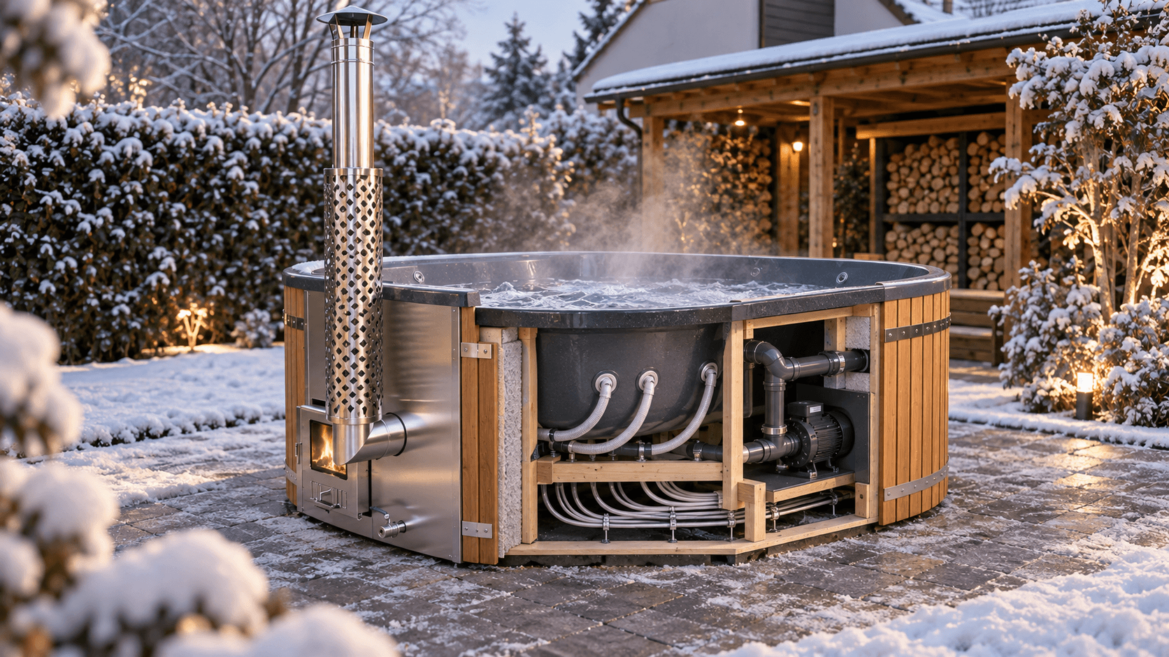 Massageleitungen und Pumpen eines Hot Tubs bei Frost