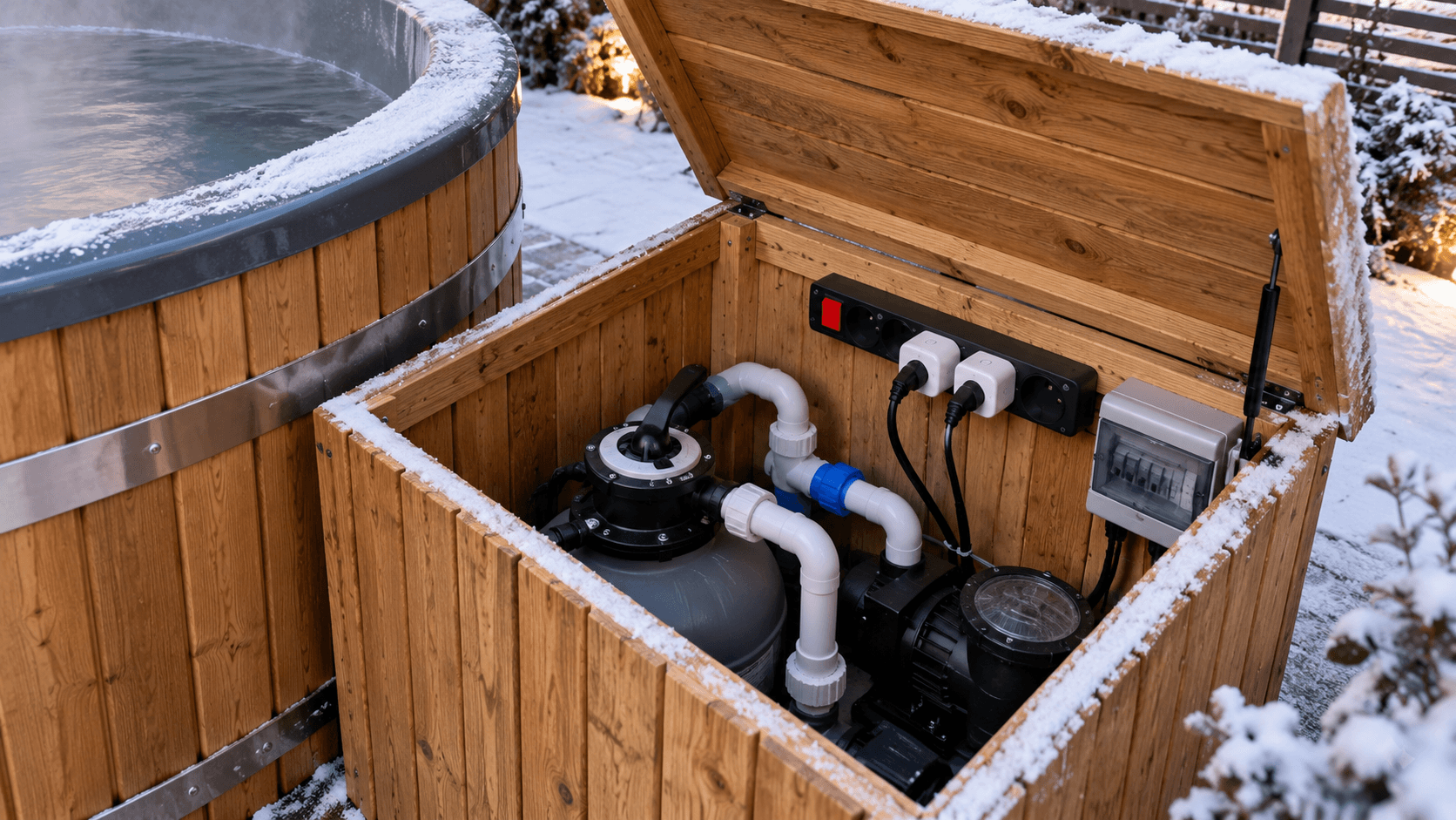 Technikbox eines Hot Tubs mit Filterpumpe und Funksteckdosen im Winter